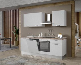 Cucina montata Dora bianco spatolato, lavello a sinistra, L 240 cm, completa di: cappa a camino, piano cottura a induzione, forno e lavastoviglie