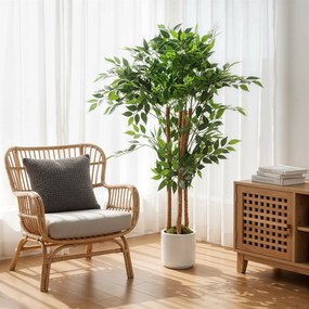 Pianta Artificiale di Baniano Alta 120 cm Verde in PEVA e Legno con Vaso Contenitore in PP e Cemento Bianco...
