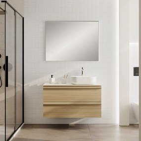Mobile Linea L100 H55 P45 in laminato rovere natura 2 cassetti a chiusura ammortizzata e top gres bianco Creta