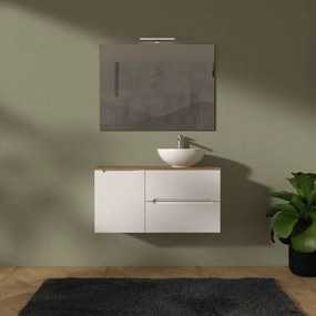 Mobile Bagno Sospeso Cannettato 100 Cm Due Cassetti Un'Anta e Top Specchio Con Lampada Led 70x100 Cm AdattoCasa "Rigo" Bianco Neve/Rovere Farnia