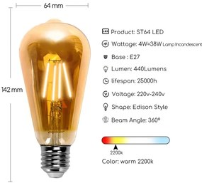 Lampadina LED ST64 E27/4W/230V 2200K - Aigostar