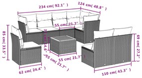 Set divano da giardino 9 pz con cuscini grigio in polyrattan