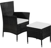 Sedia da Esterno con Sgabello e Cuscini in Polyrattan Nero