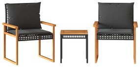 Set da bistrò 3 pz con cuscini nero polyrattan e legno acacia