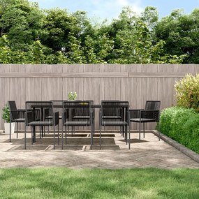 Set pranzo giardino 9 pz con cuscini polyrattan e acciaio nero