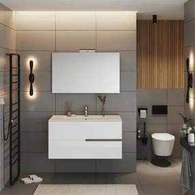Composizione Eva 100 cm Noce Americano e Bianco Lucido, con due cassetti, lavabo in ceramica, specchiera e lampada LED