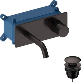 Rubinetto per lavabo LoopK a parete per lavabo bocca 14cm + corpo incasso + piletta di scarico + placa rettangolare metal gun