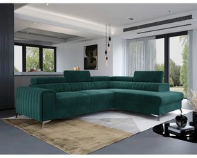 Divano angolare verde allungabile/con contenitore (con penisola a destra/a L) e rivestimento in velluto Laurence – ELTAP