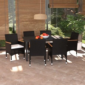 Set da pranzo per giardino 7 pz con cuscini polyrattan nero