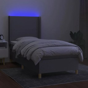 Letto a molle materasso e led grigio chiaro 100x200 cm tessuto