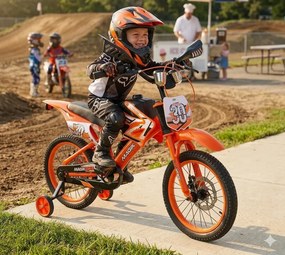 Bicicletta per Bambini 16" Freni a Disco e Rumore del Motore in Accelerazione Magik-Bike Motocross Arancione...