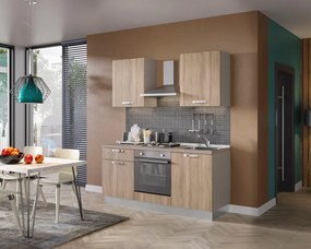 Cucina montata Dora rovere chiaro, lavello a reversibile, L 180 cm, completa di: cappa a camino, piano cottura a gas, forno,