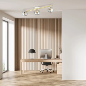 Plafoniera Contemporanea 3 Luci Eracle In Acciaio Oro/Bianco E Sfere Vetro Fumè