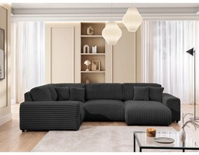 Divano angolare grigio scuro (con penisola a sinistra/a U) rivestito in velluto a coste Justin – Ropez