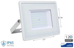 Faro Led Flood Slim Alta Luminosita 120lm/W 50W 6000lm Freddo 6400K Carcassa Bianca IP65 Chip Samsung SKU-21763