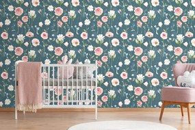 Carta da parati – Fiori romantici su sfondo blu