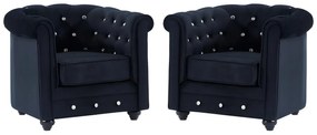 Lotto di 2 poltrone  CHESTERFIELD in velluto Nero con bottoni effetto cristallo