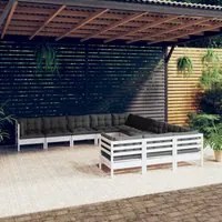 Set Divani da Giardino 11 pz con Cuscini Bianchi Legno di Pino 3097020