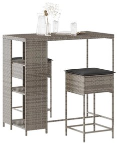 Set bar da giardino 3pz con cuscini grigio in polyrattan