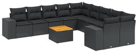 Set divani da giardino 11 pz con cuscini in polyrattan nero