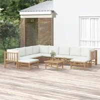 Set Salotto da Giardino 11pz con Cuscini Bianco Crema in Bamb