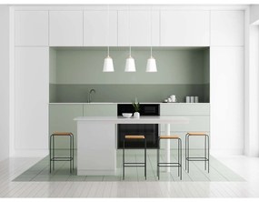 Lampadario 3 Luci Lancillotto Con Paralumi A Cono In Acciaio Bianco E Legno Naturale