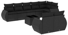 Set divani da giardino 9 pz con cuscini nero in polyrattan