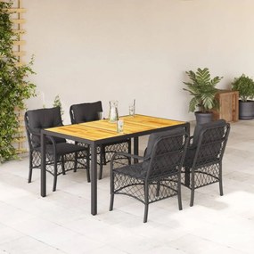 Set da Pranzo da Giardino 5 pz Nero con Cuscini in Polyrattan