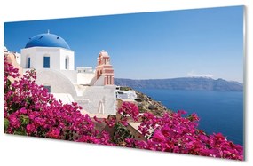 Quadro su vetro Grecia fiori mare edifici 100x50 cm