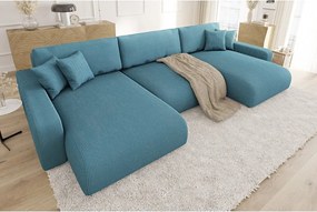 Divano angolare turchese allungabile/con contenitore (a U) con rivestimento in velluto a coste Sara – Ropez