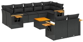 Set divani da giardino 10pz con cuscini in polyrattan nero