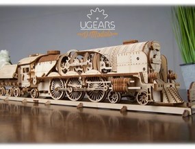 Ugears - 3D puzzle meccanico in legno V-Express locomotiva a vapore con carrello
