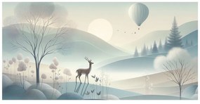 Quadro su tela – Paesaggio boschivo con cervo e montagne