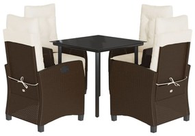 Set da Pranzo da Giardino 5pz con Cuscini in Polyrattan Marrone