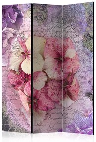 Paravento design Ricordo (3 parti) - orchidee rosa e delicate scritte sullo sfondo