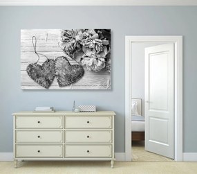 Stampa su tela – Peonie e cuoricini di betulla in bianco e nero