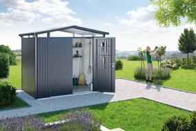 Casetta da giardino BIOHORT Panorama P4 in acciaio antracite con porta doppio battente, superficie interna 6.35 m² e spessore parete 0.5 mm