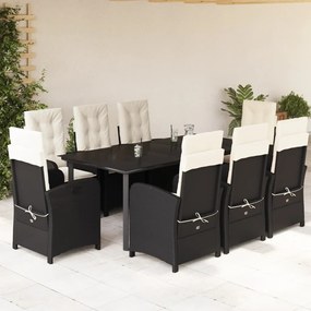 Set da pranzo da giardino 9 pz con cuscini nero in polyrattan