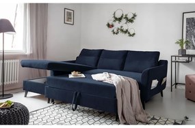 Divano letto angolare in velluto blu scuro, angolo sinistro Stylish Stan - Miuform
