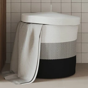 Cestino Portaoggetti Con Coperchio Bianco Nero Ø40x35cm Cotone /