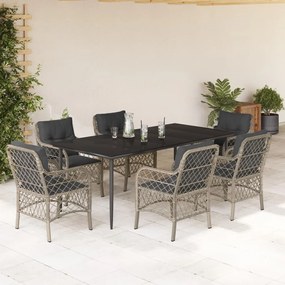 Set da pranzo da giardino 7 pz cuscini polyrattan grigio chiaro