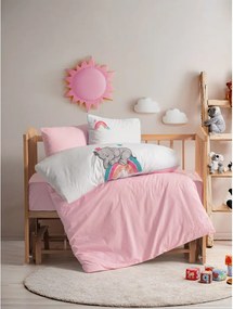 Set copripiumino e federa da bambini bianco/rosa in cotone per culla con lenzuolo incluso/4 pezzi 100x150 cm Lucky – Mijolnir