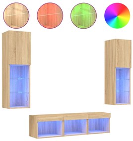 Mobili tv a muro con led 5pz rovere sonoma legno multistrato