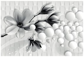 Carta da parati – Magnolia in bianco e nero con elementi astratti