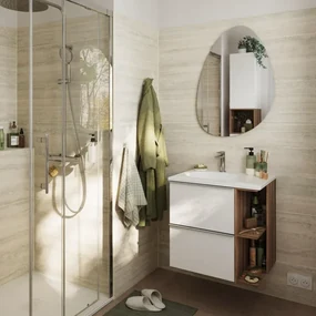 Mobile da bagno sotto lavabo SENSEA Modern bianco e noce laminato opaco L 60 x H 55 x P 45 cm 2 cassetti, lavabo non incluso