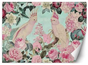 Carta Da Parati, Pappagalli rosa shabby chic  Dimensioni 100x70, Finitura Carta da Parati Effetto Liscio, Tipo di Carta da Parati Fliselina