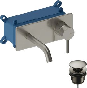 Rubinetto per lavabo Loop monocomando a parete per lavabo bocca 14cm + corpo incasso + piletta di scarico + placa rettangolare nickel brushed