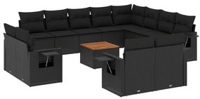 Set divani da giardino 13pz con cuscini nero in polyrattan