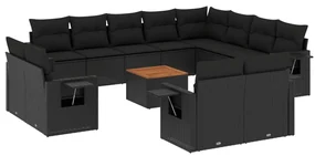 Set divani da giardino 13pz con cuscini nero in polyrattan