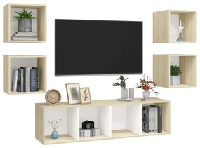Set porta tv 5 pz bianco e rovere sonoma in truciolato
